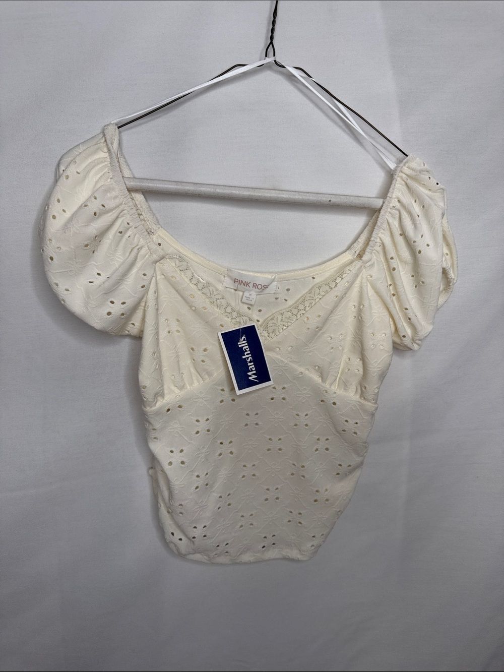 Pink Rose Cream Eyelet Puff-Sleeve Crop Top